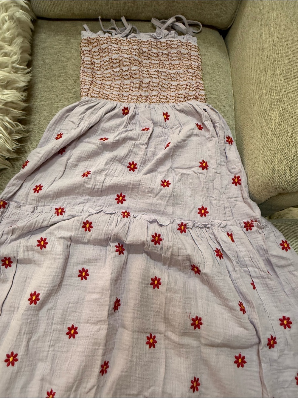 Smocked Bodice Lavender Sundress with Red Floral Embroidery